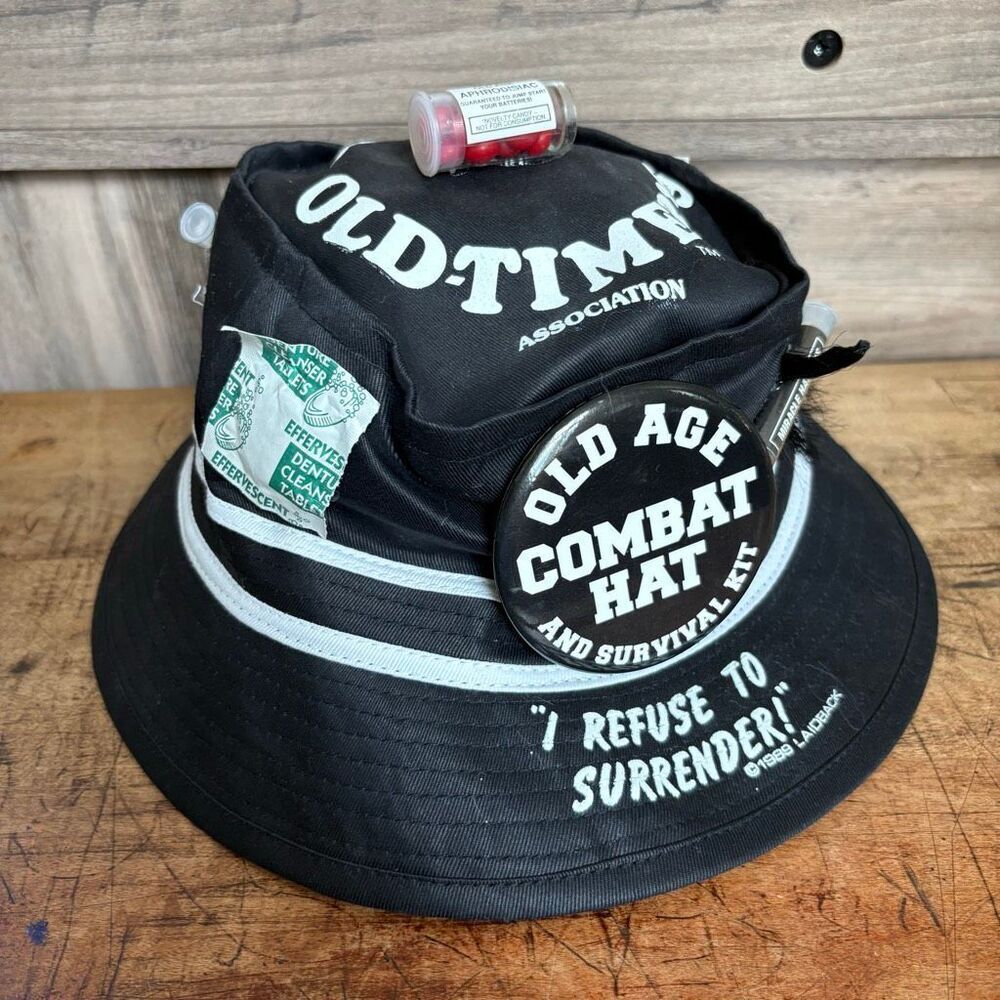 Over the Hill 40's 50's Old Timers Old Age Survival Kit Bucket Hat Preworn